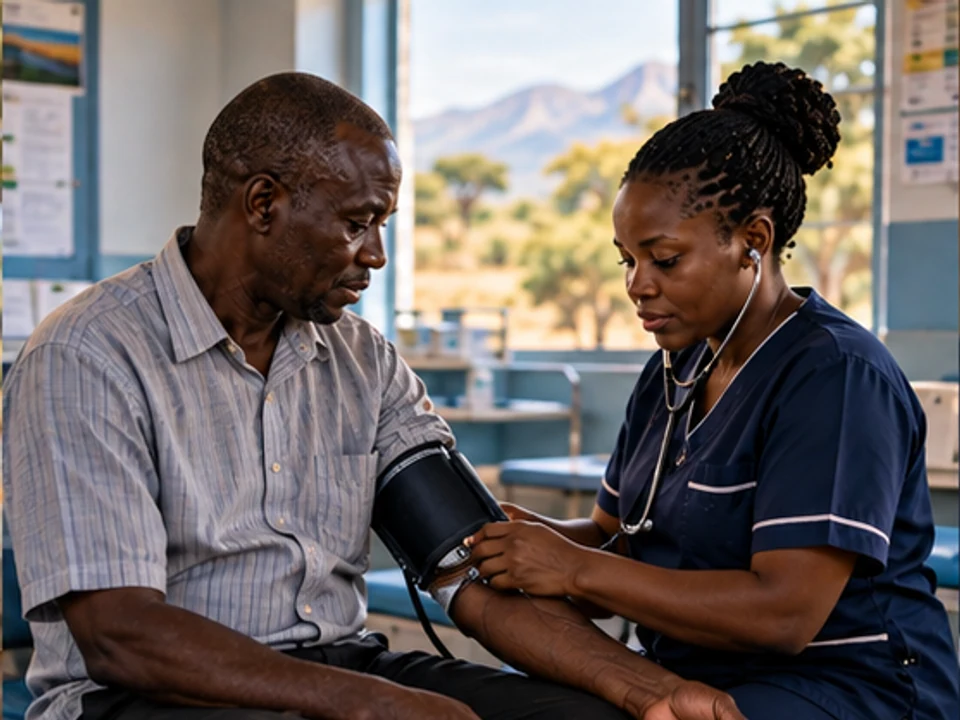 A community nurse recording a patient measurement during a local health check