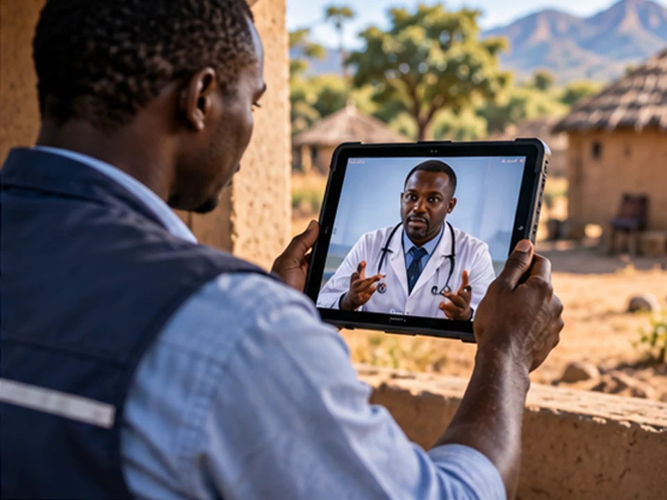 A local health worker speaking online with a remote clinician
