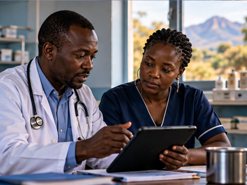 A clinician reviewing patient information with a community health worker