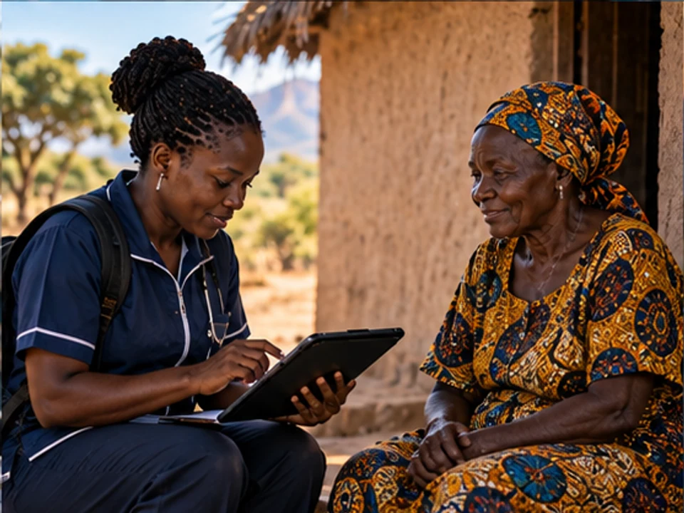 A community health worker using a tablet during a follow-up visit with an older patient