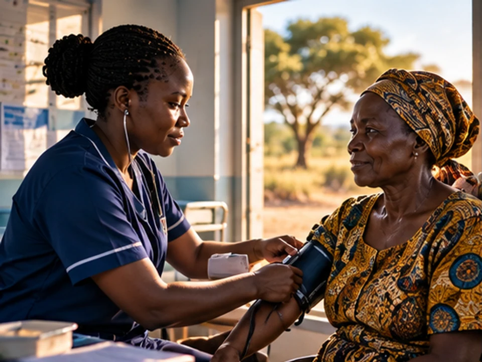 Clinician consulting with a patient and community health worker using a tablet
