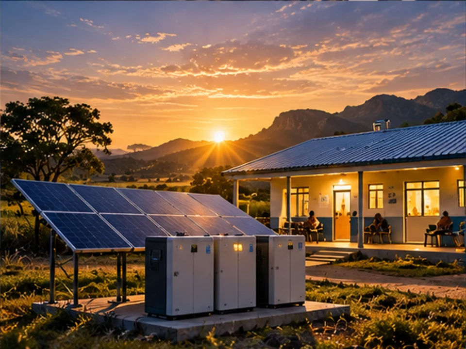 Solar panels and battery storage powering a rural clinic