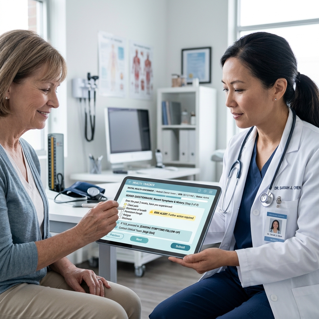 A patient and clinician reviewing a digital health questionnaire on a tablet