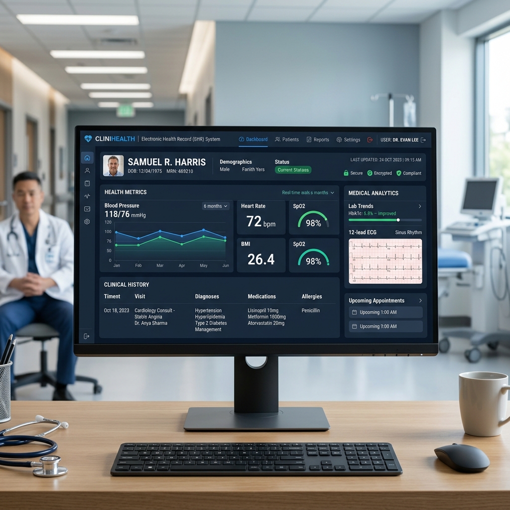 A digital patient record showing health measurements, history and appointments