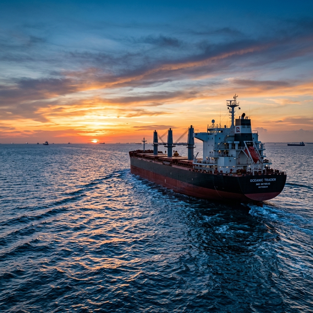 Large cargo vessel under way at sea — maritime trade and corridor infrastructure