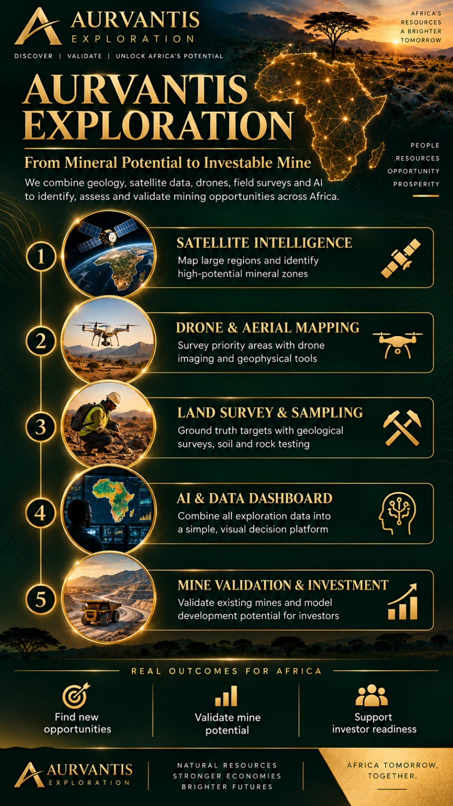 Aurvantis Exploration decision-support collage showing terrain, survey data, mineral evidence and a visual dashboard