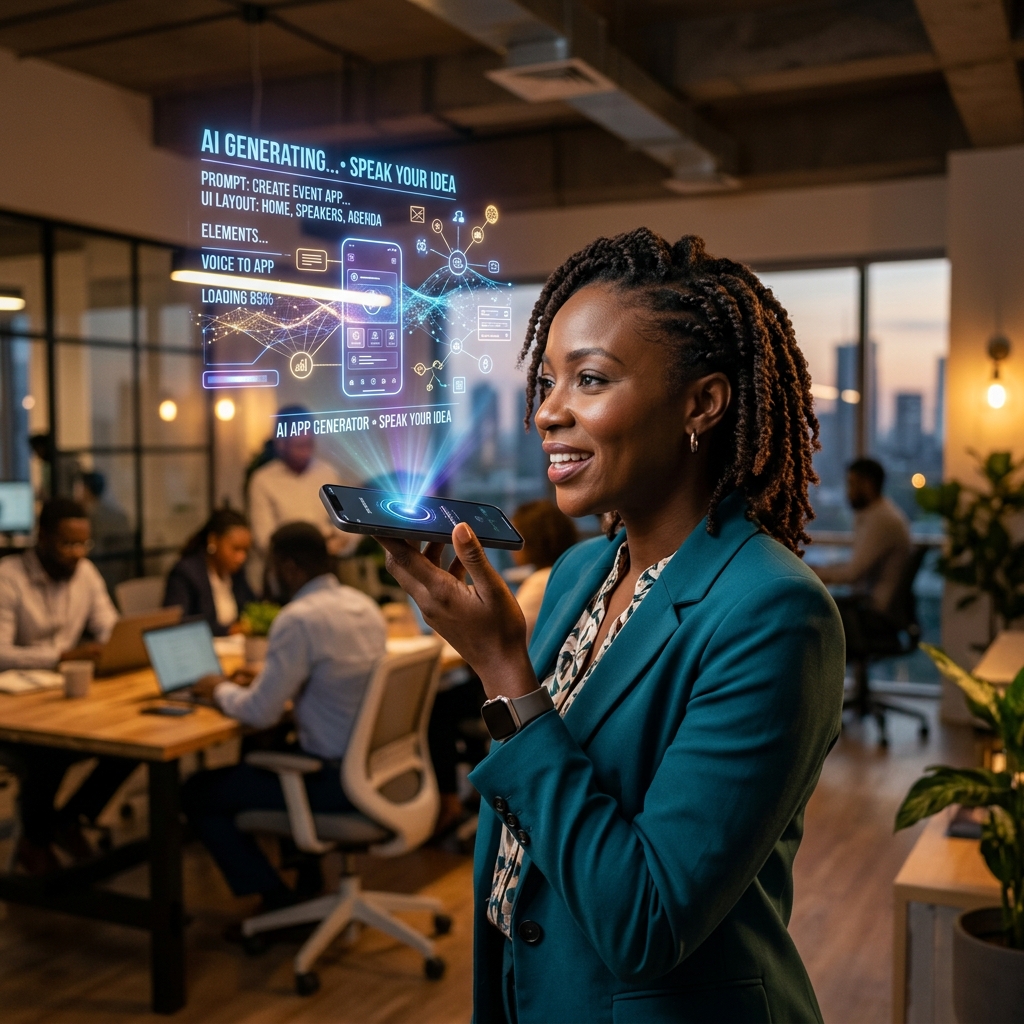 Woman talking to phone with holographic app