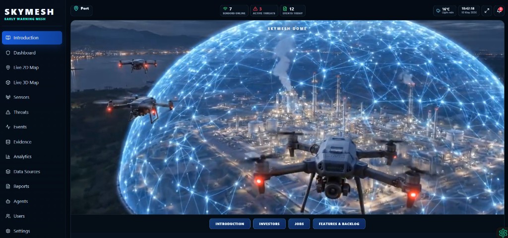 SkyMesh geospatial intelligence command centre with drone and infrastructure monitoring