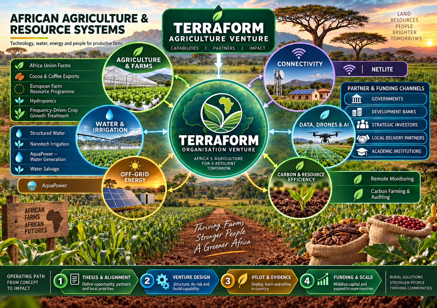 Terraform systems infographic: agriculture, water, energy, connectivity, drones, carbon, partners and funding