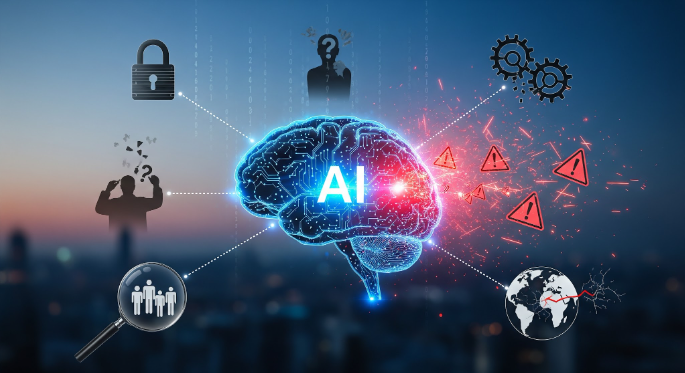 Conceptual illustration of enterprise AI risks including security, workflow failure, validation, human oversight and operational breakdown.
